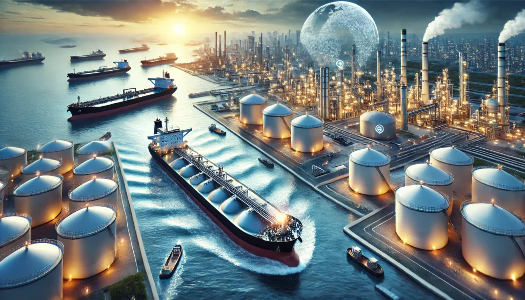 DALL·E-2025-03-24-18.43.47-A-realistic-image-of-a-global-oil-trading-company_-oil-tankers-transporting-crude-oil-across-the-sea-large-storage-tanks-at-a-port-and-an-industrial